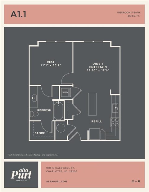 Floor plan for 1 bed, 1 bath, 661 sqft